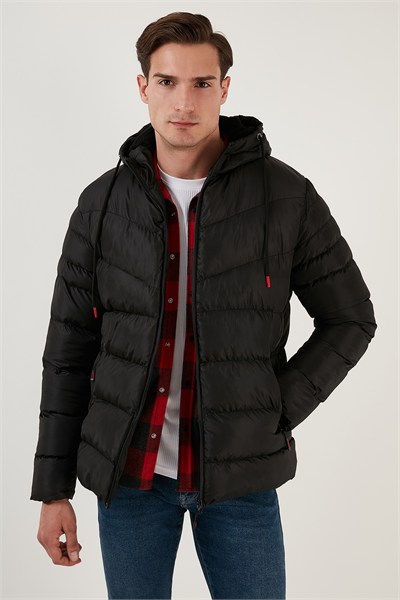Peluş Astarlı Kapüşonlu Fermuarlı Slim Fit Şişme Erkek Mont 5762010 SİYAH