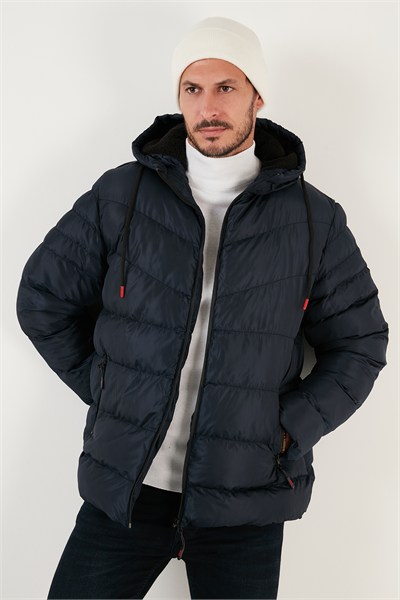 Peluş Astarlı Kapüşonlu Fermuarlı Slim Fit Şişme Erkek Mont 5762010 LACİVERT