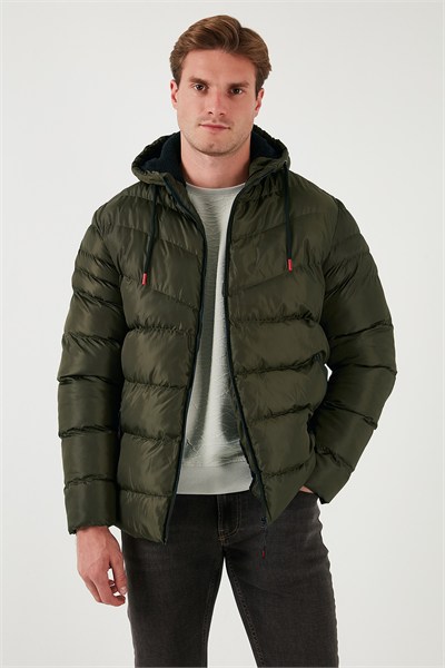 Peluş Astarlı Kapüşonlu Fermuarlı Slim Fit Şişme Erkek Mont 5762010 HAKİ