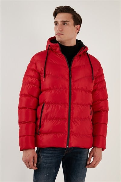 Peluş Astarlı Kapüşonlu Fermuarlı Slim Fit Şişme Erkek Mont 5762010 KIRMIZI