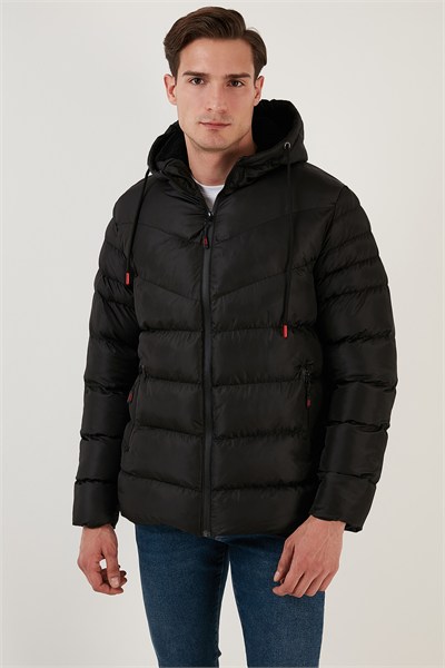 Peluş Astarlı Kapüşonlu Fermuarlı Slim Fit Şişme Erkek Mont 5762010 SİYAH
