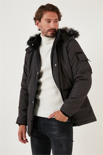 Peluş Astarlı Suya ve Rüzgara Dayanıklı Soğuk Geçirmez Slim Fit Erkek Mont 5711051 FÜME