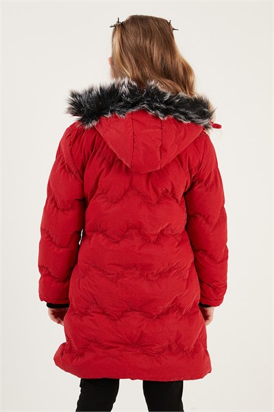 Peluş Astarlı Yakası Suni Kürklü Çıkarılabilir Kapüşonlu Kışlık Kız Çocuk Mont 5761905 KIRMIZI