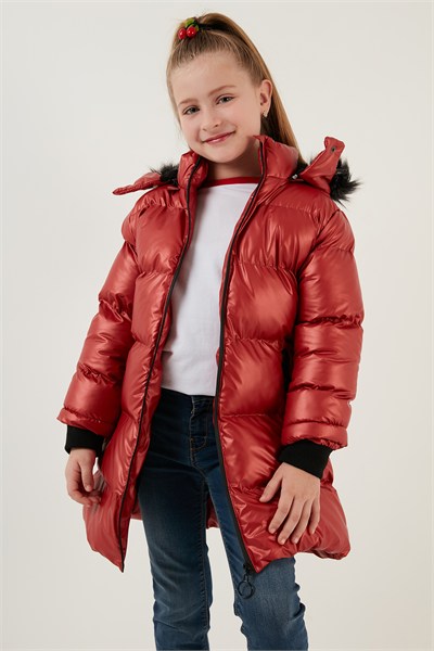 Peluş Astarlı Yakası Suni Kürklü Çıkarılabilir Kapüşonlu Kışlık Kız Çocuk Mont 5761908 KIRMIZI
