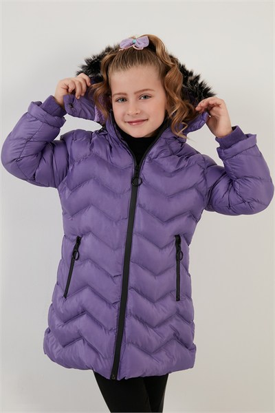 Peluş Astarlı Yakası Suni Kürklü Çıkarılabilir Kapüşonlu Kışlık Kız Çocuk Mont 5766041 LİLA