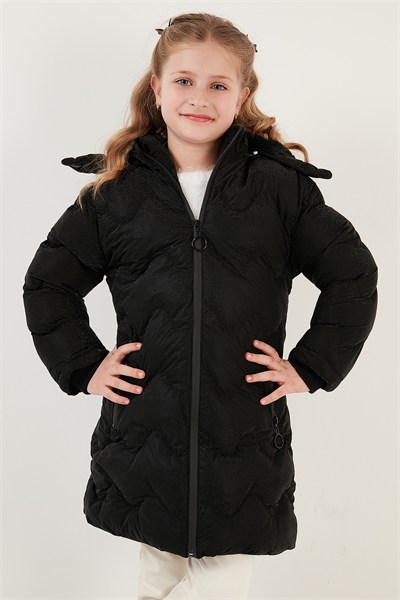 Peluş Astarlı Yakası Suni Kürklü Çıkarılabilir Kapüşonlu Kışlık Kız Çocuk Mont 5761905 SİYAH