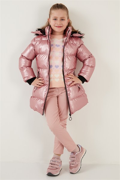 Peluş Astarlı Yakası Suni Kürklü Çıkarılabilir Kapüşonlu Kışlık Kız Çocuk Mont 5761908 PEMBE