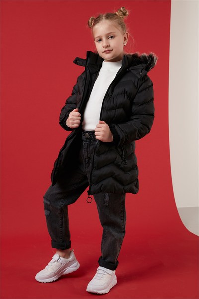 Peluş Astarlı Yakası Suni Kürklü Çıkarılabilir Kapüşonlu Kışlık Kız Çocuk Mont 5766041 SİYAH