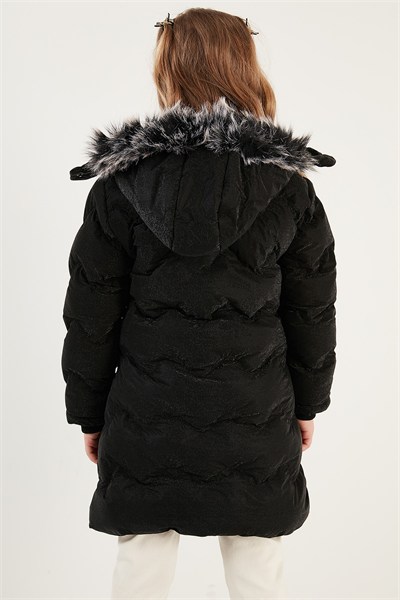 Peluş Astarlı Yakası Suni Kürklü Çıkarılabilir Kapüşonlu Kışlık Kız Çocuk Mont 5761905 SİYAH