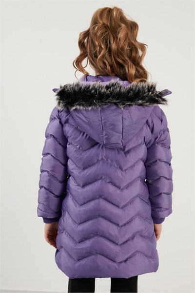 Peluş Astarlı Yakası Suni Kürklü Çıkarılabilir Kapüşonlu Kışlık Kız Çocuk Mont 5766041 LİLA