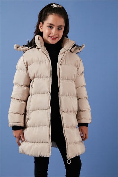 Peluş Astarlı Yakası Suni Kürklü Çıkarılabilir Kapüşonlu Kışlık Kız Çocuk Mont 5766038 TAŞ