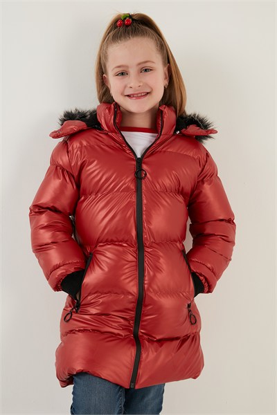 Peluş Astarlı Yakası Suni Kürklü Çıkarılabilir Kapüşonlu Kışlık Kız Çocuk Mont 5761908 KIRMIZI