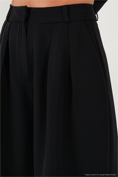 Pile Detaylı Wide Leg Yüksek Bel Geniş Paça Kadın Pantolon 6522016 SİYAH