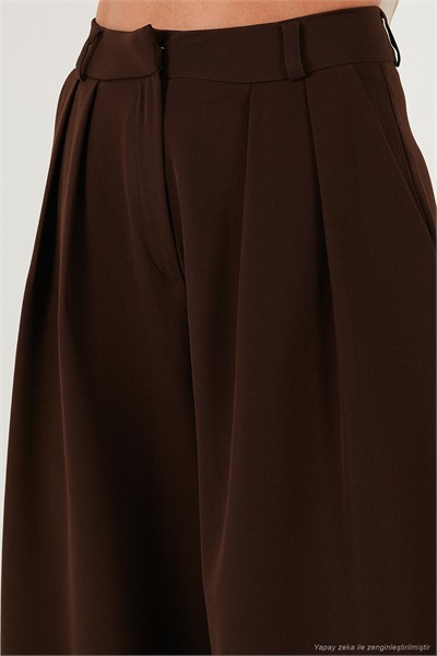 Pile Detaylı Wide Leg Yüksek Bel Geniş Paça Kadın Pantolon 6522016 KAHVE