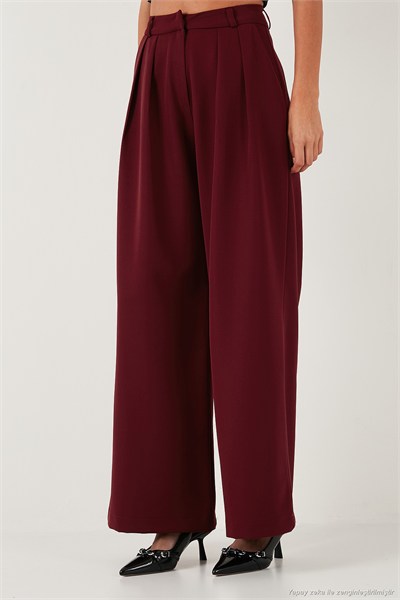 Pile Detaylı Wide Leg Yüksek Bel Geniş Paça Kadın Pantolon 6522016 BORDO