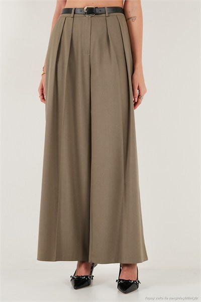Pileli Wide Leg Yüksek Bel Geniş Paça Kemerli Palazzo Kadın Pantolon 68351070 KARAMEL