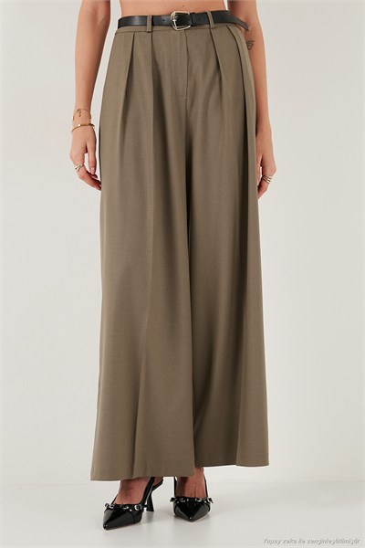 Pileli Wide Leg Yüksek Bel Geniş Paça Kemerli Palazzo Kadın Pantolon 68351070 KARAMEL