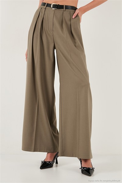 Pileli Wide Leg Yüksek Bel Geniş Paça Kemerli Palazzo Kadın Pantolon 68351070 KARAMEL