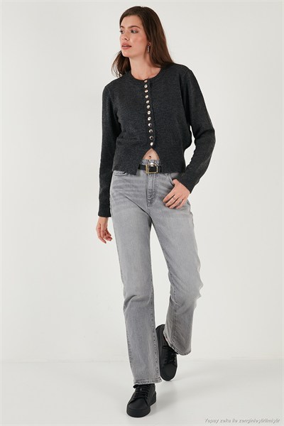 Premium Comfort Fit Yuvarlak Yaka Crop Triko Kadın Hırka 680HI00164 ANTRASİT