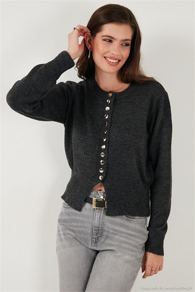 Premium Comfort Fit Yuvarlak Yaka Crop Triko Kadın Hırka 680HI00164 ANTRASİT
