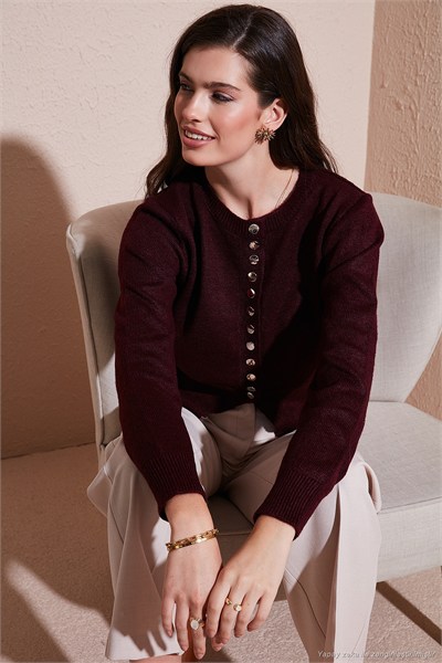 Premium Comfort Fit Yuvarlak Yaka Crop Triko Kadın Hırka 680HI00164 BORDO