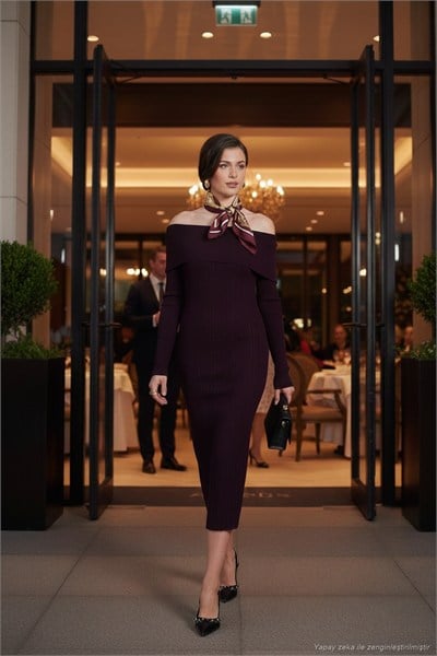 Premium Fitilli Carmen Yaka Slim Fit Midi Boy Triko Kadın Elbise 680EL00033 MÜRDÜM