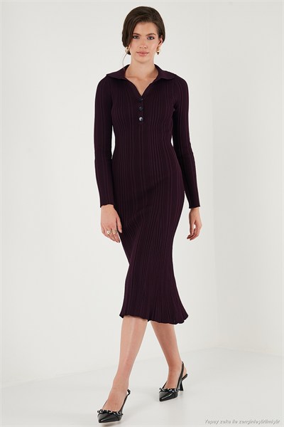 Premium Fitilli V Yaka Slim Fit Midi Boy Triko Kadın Elbise 680EL00282 MÜRDÜM