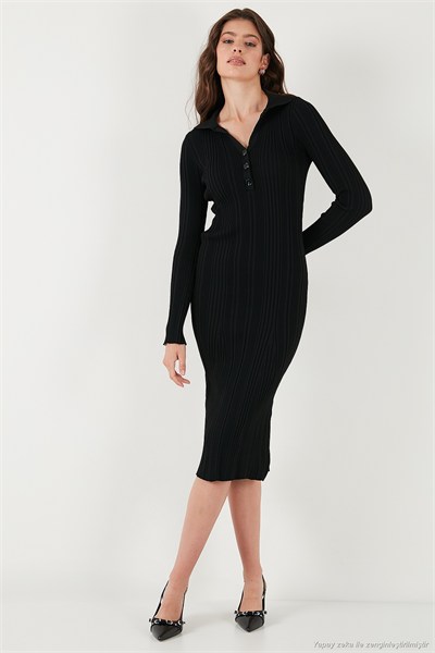 Premium Fitilli V Yaka Slim Fit Midi Boy Triko Kadın Elbise 680EL00282 SİYAH