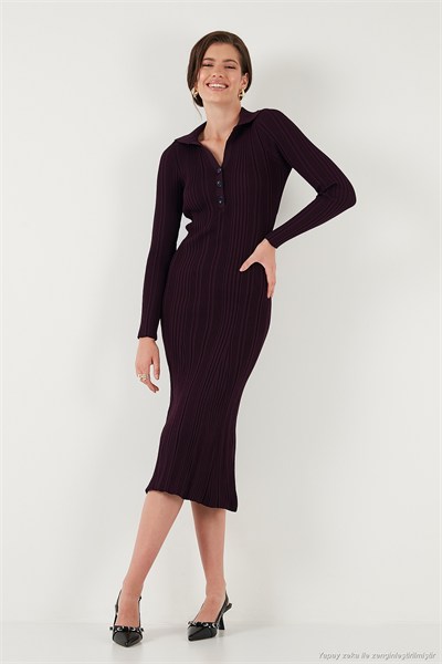 Premium Fitilli V Yaka Slim Fit Midi Boy Triko Kadın Elbise 680EL00282 MÜRDÜM