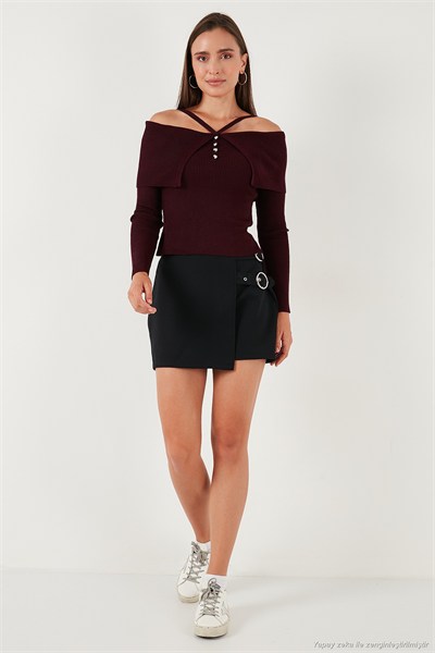 Premium Fitted Fit Carmen Yaka İp Askı Detaylı Triko Kadın Kazak 680KZ00076 BORDO