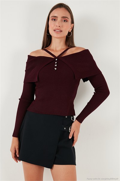 Premium Fitted Fit Carmen Yaka İp Askı Detaylı Triko Kadın Kazak 680KZ00076 BORDO