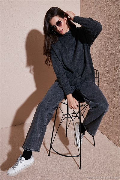 Premium Oversize Fit Balıkçı Yaka Yumuşak Dokulu Triko Kadın Kazak 680KZ00469 ANTRASİT