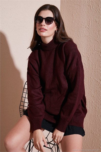 Premium Oversize Fit Balıkçı Yaka Yumuşak Dokulu Triko Kadın Kazak 680KZ00469 BORDO