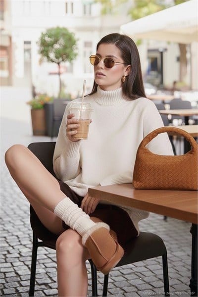 Premium Oversize Fit Balıkçı Yaka Yumuşak Dokulu Triko Kadın Kazak 680KZ00469 TAŞ