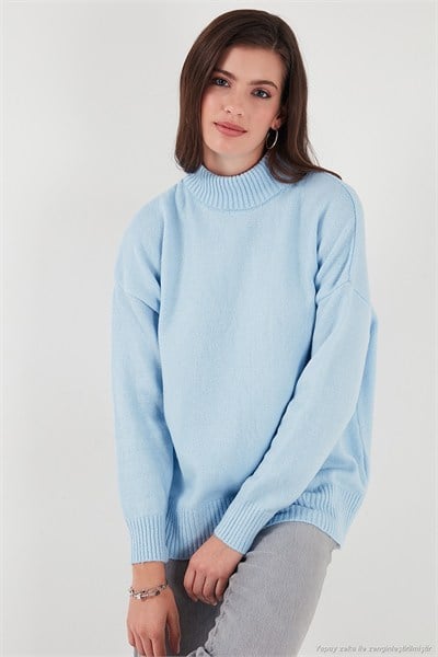 Premium Oversize Fit Balıkçı Yaka Yumuşak Dokulu Triko Kadın Kazak 680KZ00469 BEBE MAVİ
