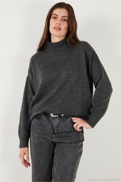 Premium Oversize Fit Balıkçı Yaka Yumuşak Dokulu Triko Kadın Kazak 680KZ00469 ANTRASİT
