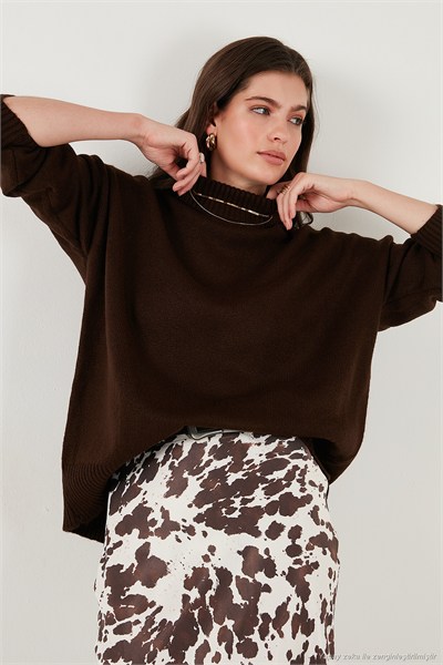 Premium Oversize Fit Balıkçı Yaka Yumuşak Dokulu Triko Kadın Kazak 680KZ00469 KAHVE