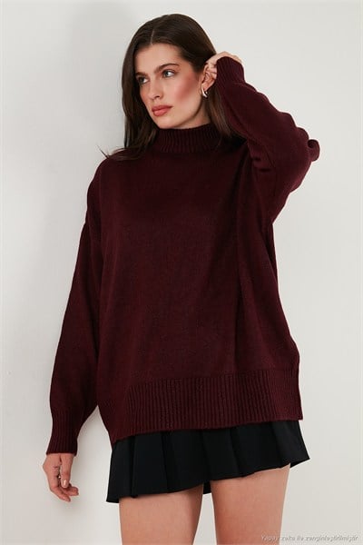 Premium Oversize Fit Balıkçı Yaka Yumuşak Dokulu Triko Kadın Kazak 680KZ00469 BORDO