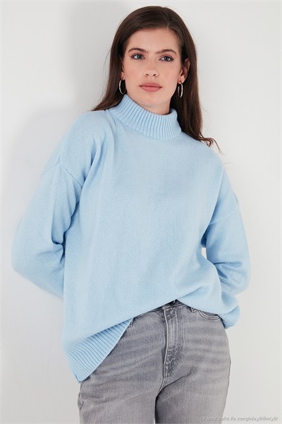 Premium Oversize Fit Balıkçı Yaka Yumuşak Dokulu Triko Kadın Kazak 680KZ00469 BEBE MAVİ