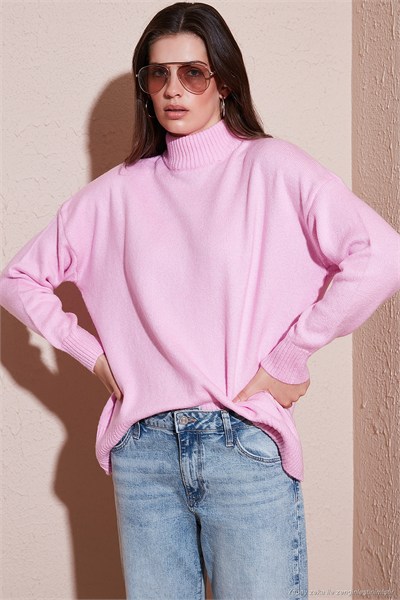 Premium Oversize Fit Balıkçı Yaka Yumuşak Dokulu Triko Kadın Kazak 680KZ00469 Şeker Pembe