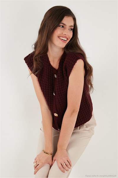 Premium Oversize Fit Bisiklet Yaka Düğmeli Örgü Kadın Yelek 680YL1416 BORDO