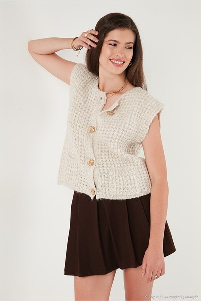 Premium Oversize Fit Bisiklet Yaka Düğmeli Örgü Kadın Yelek 680YL1416 TAŞ