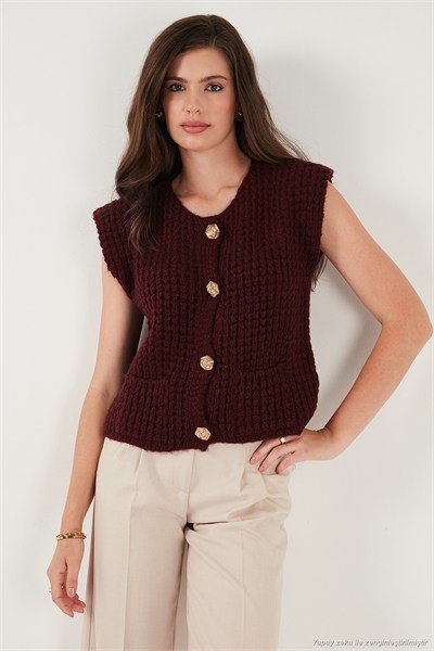 Premium Oversize Fit Bisiklet Yaka Düğmeli Örgü Kadın Yelek 680YL1416 BORDO