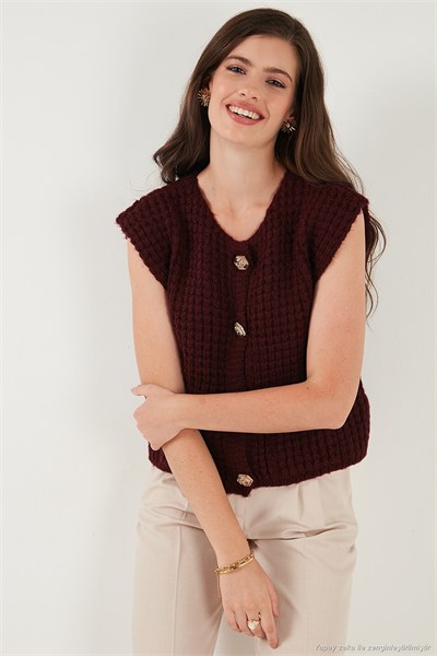 Premium Oversize Fit Bisiklet Yaka Düğmeli Örgü Kadın Yelek 680YL1416 BORDO