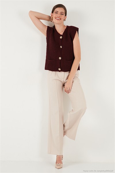 Premium Oversize Fit Bisiklet Yaka Düğmeli Örgü Kadın Yelek 680YL1416 BORDO