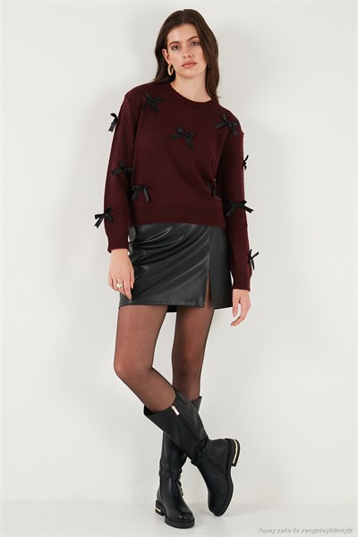 Premium Regular Fit Bisiklet Yaka Fiyonk Detaylı Triko Kadın Kazak 680KZ00155 BORDO