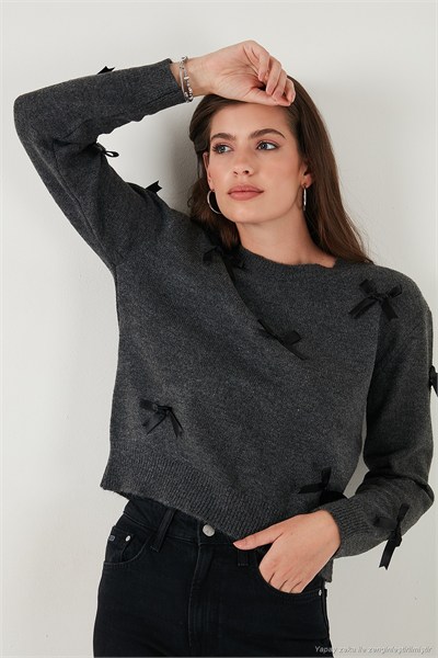 Premium Regular Fit Bisiklet Yaka Fiyonk Detaylı Triko Kadın Kazak 680KZ00155 ANTRASİT