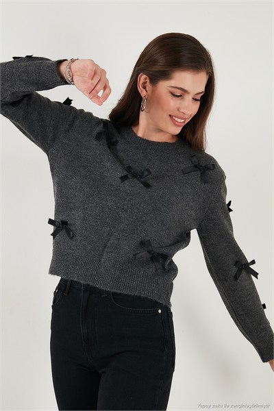 Premium Regular Fit Bisiklet Yaka Fiyonk Detaylı Triko Kadın Kazak 680KZ00155 ANTRASİT