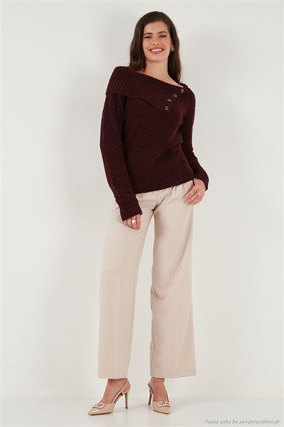 Premium Regular Fit Kayık Yaka Düğme Detaylı Kadın Kazak 680KZ002563 BORDO