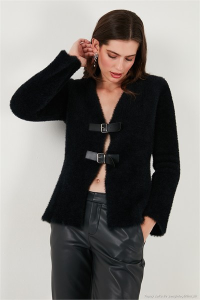 Premium Regular Fit V Yaka Çift Kemerli Peluş Kadın Hırka 680HI00112 SİYAH